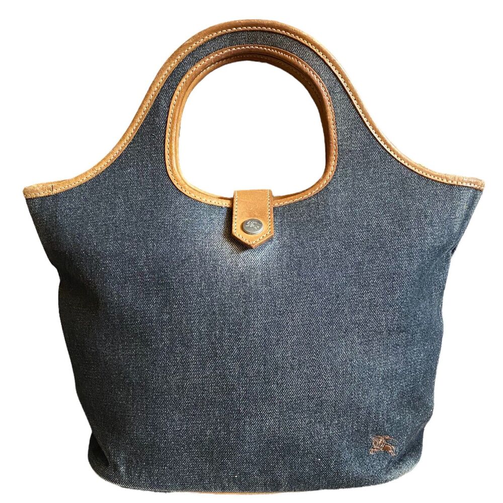 Burberry Of London Blue Denim Leather Trim Tote